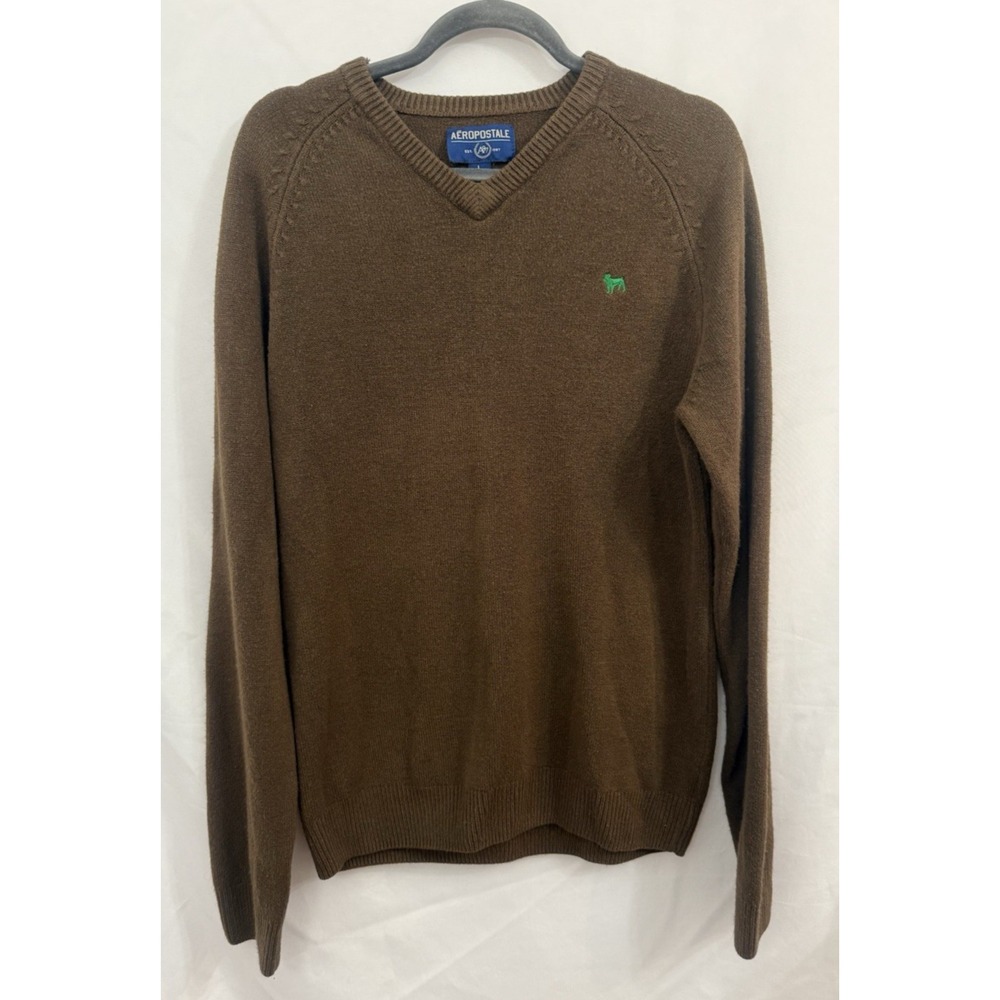 Aeropostale‎ Sweater Brown V neck Long Sleeve Mens Sz L Green Dog Logo